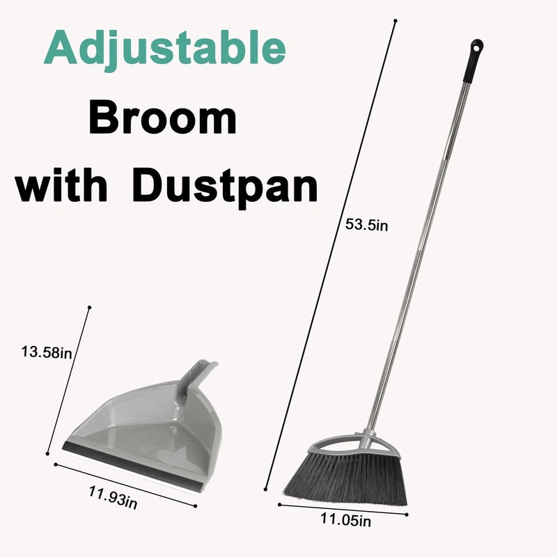 Soft Bristle Broom and Dustpan Combo Set, Long Handle Indoor Broom with Dustpan Set for Kitchen Hardwood Room Office and All Household Floor Cleaning Gray