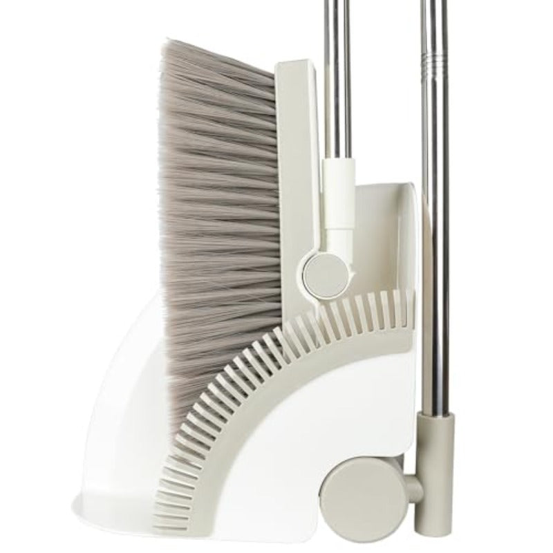 Premium Triangular Indoor Broom and Dustpan Comb Set 180° Rotating Soft Bristle Long Handle Upright Sweeping Angled Broom with Self-Cleaning Teeth for Home Kitchen Office Wood Floor White Gray