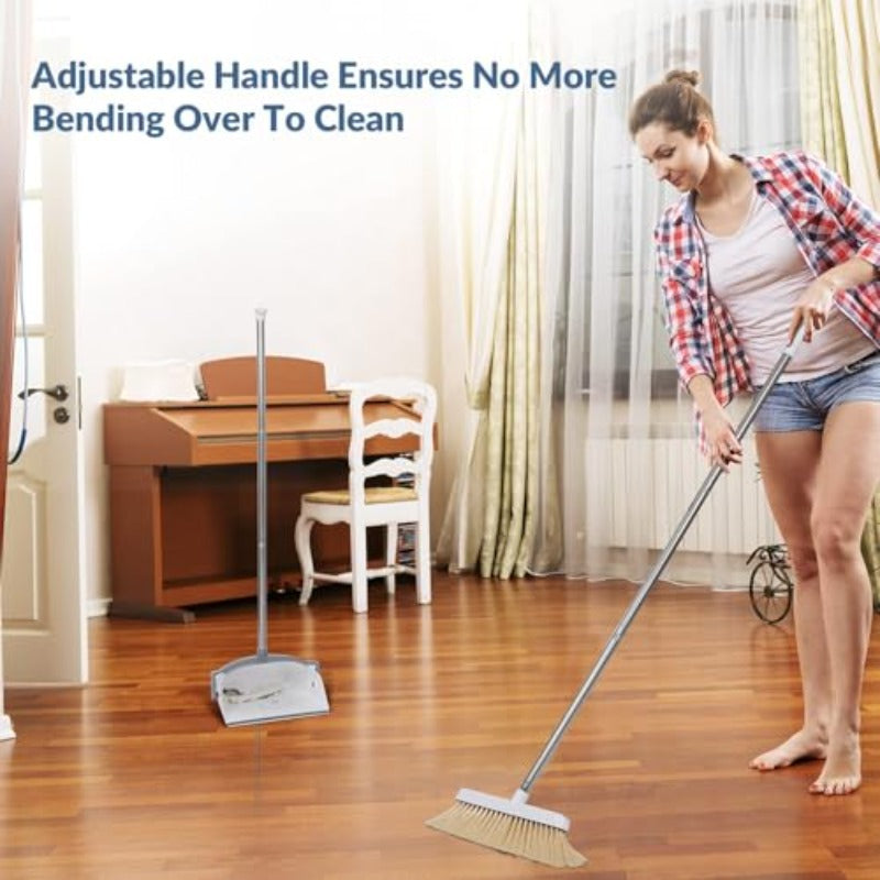 Adjustable Height Broom and Dustpan Combo with Long Handle - Heavy-Duty Plastic Construction, Ergonomic Sweeper with Soft-Grip Bristles & Spacious Pan for Home, Office, Kitchen Cleaning - Space-Saving Design, Durable & Hygienic Indoor Broom Set (Whi