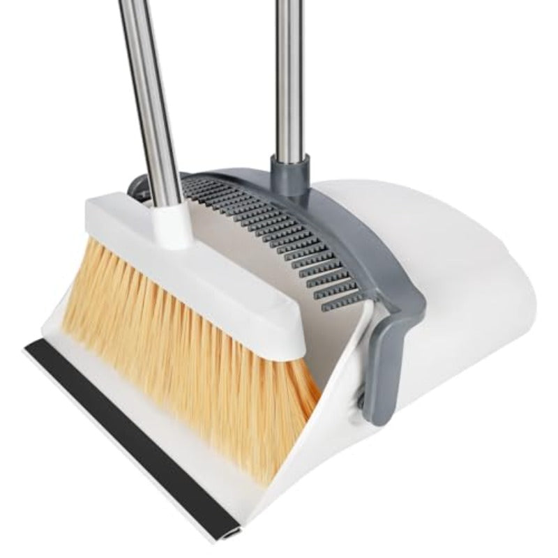 Adjustable Height Broom and Dustpan Combo with Long Handle - Heavy-Duty Plastic Construction, Ergonomic Sweeper with Soft-Grip Bristles & Spacious Pan for Home, Office, Kitchen Cleaning - Space-Saving Design, Durable & Hygienic Indoor Broom Set (Whi