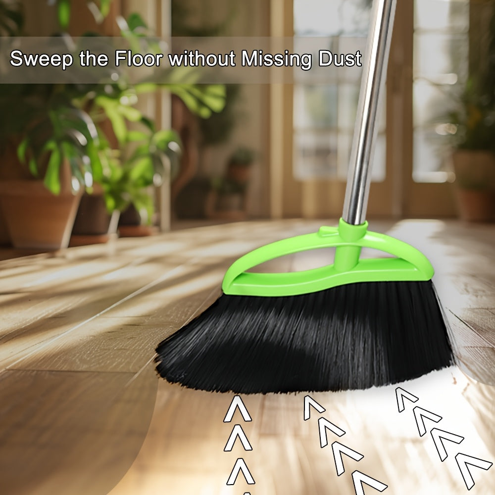 Green Soft-Bristle Angled Broom for Indoor Use with a Long Handle