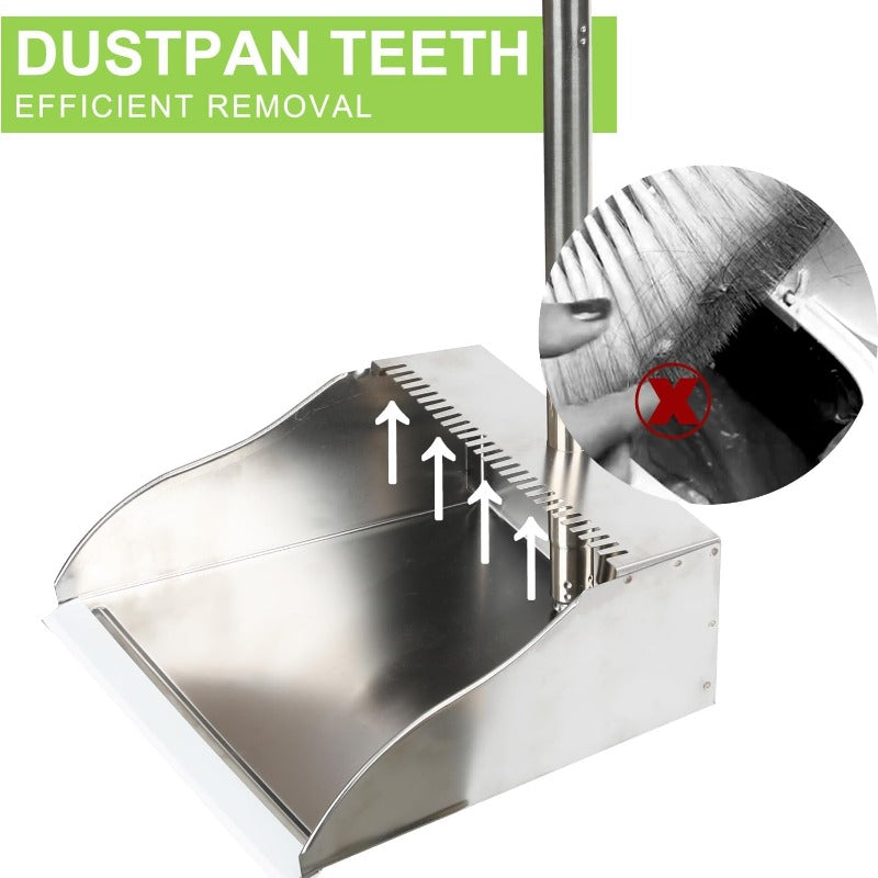 Set of Broom And Dustpan with Soft Bristles, Featuring a Metal Dustpan And a Green Angled Broom, Designed for Easy Sweeping of Hardwood Kitchen Floors