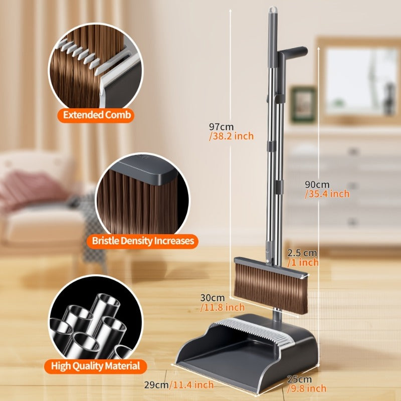 Standing Broom and Dustpan Set - Lightweight Durable Long Handle Cleaning Combo, Efficient Floor Cleaning Tools for Home Kitchen Office, Household Cleaning Supplies