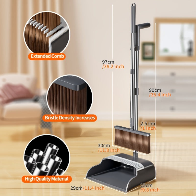 Standing Broom and Dustpan Set - Lightweight Durable Long Handle Cleaning Combo, Efficient Floor Cleaning Tools for Home Kitchen Office, Household Cleaning Supplies