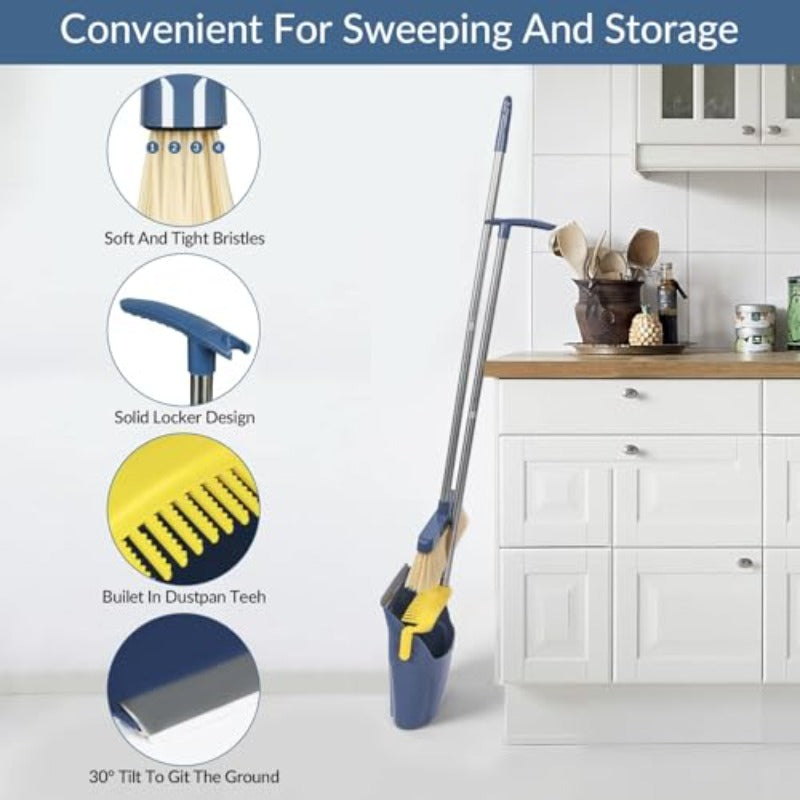 Adjustable Height Broom and Dustpan Combo with Long Handle - Heavy-Duty Plastic Construction, Ergonomic Sweeper with Soft-Grip Bristles & Spacious Pan for Home, Office, Kitchen Cleaning - Space-Saving Design, Durable & Hygienic Indoor Broom Set (Whi