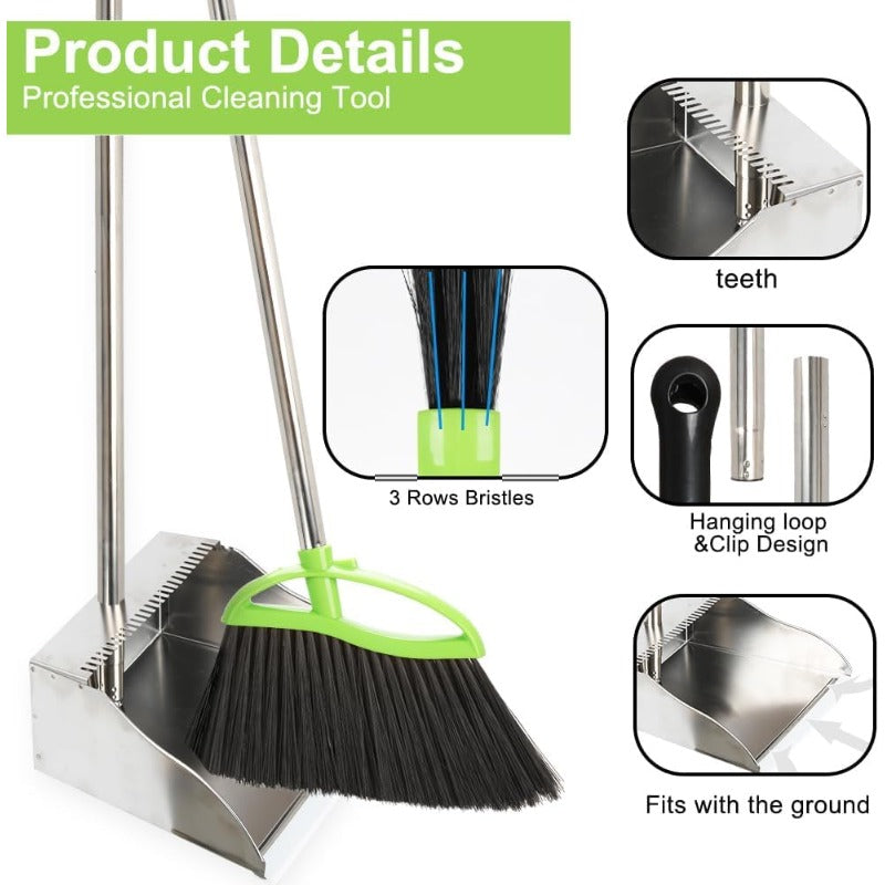 Set of Broom And Dustpan with Soft Bristles, Featuring a Metal Dustpan And a Green Angled Broom, Designed for Easy Sweeping of Hardwood Kitchen Floors