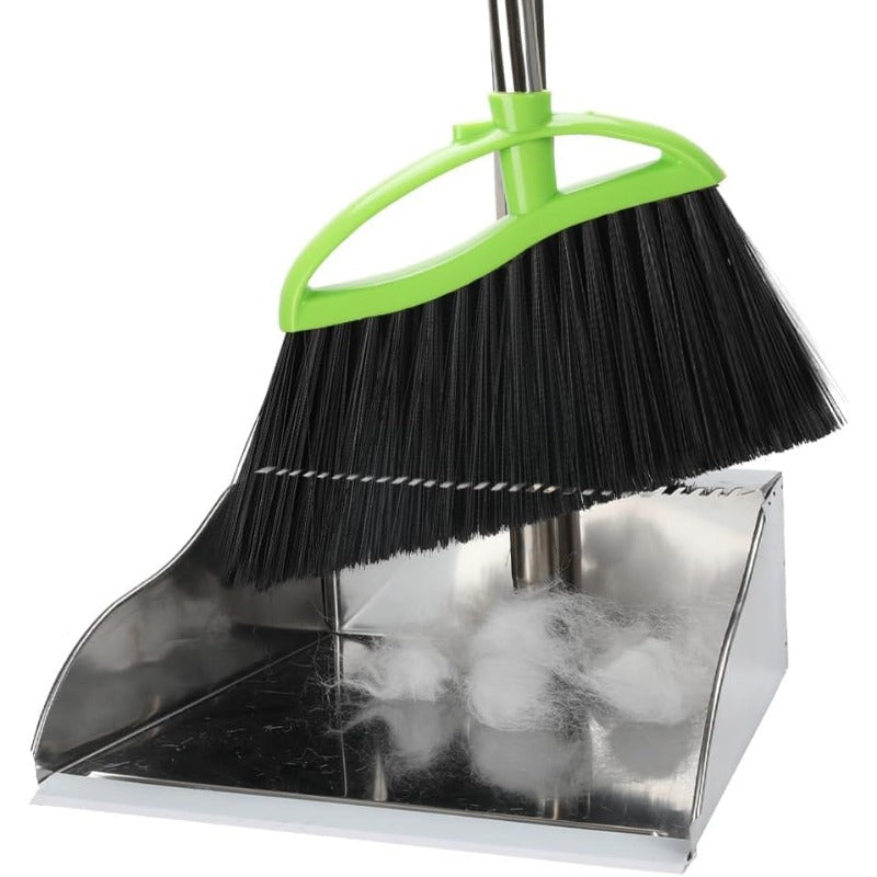 Set of Broom And Dustpan with Soft Bristles, Featuring a Metal Dustpan And a Green Angled Broom, Designed for Easy Sweeping of Hardwood Kitchen Floors