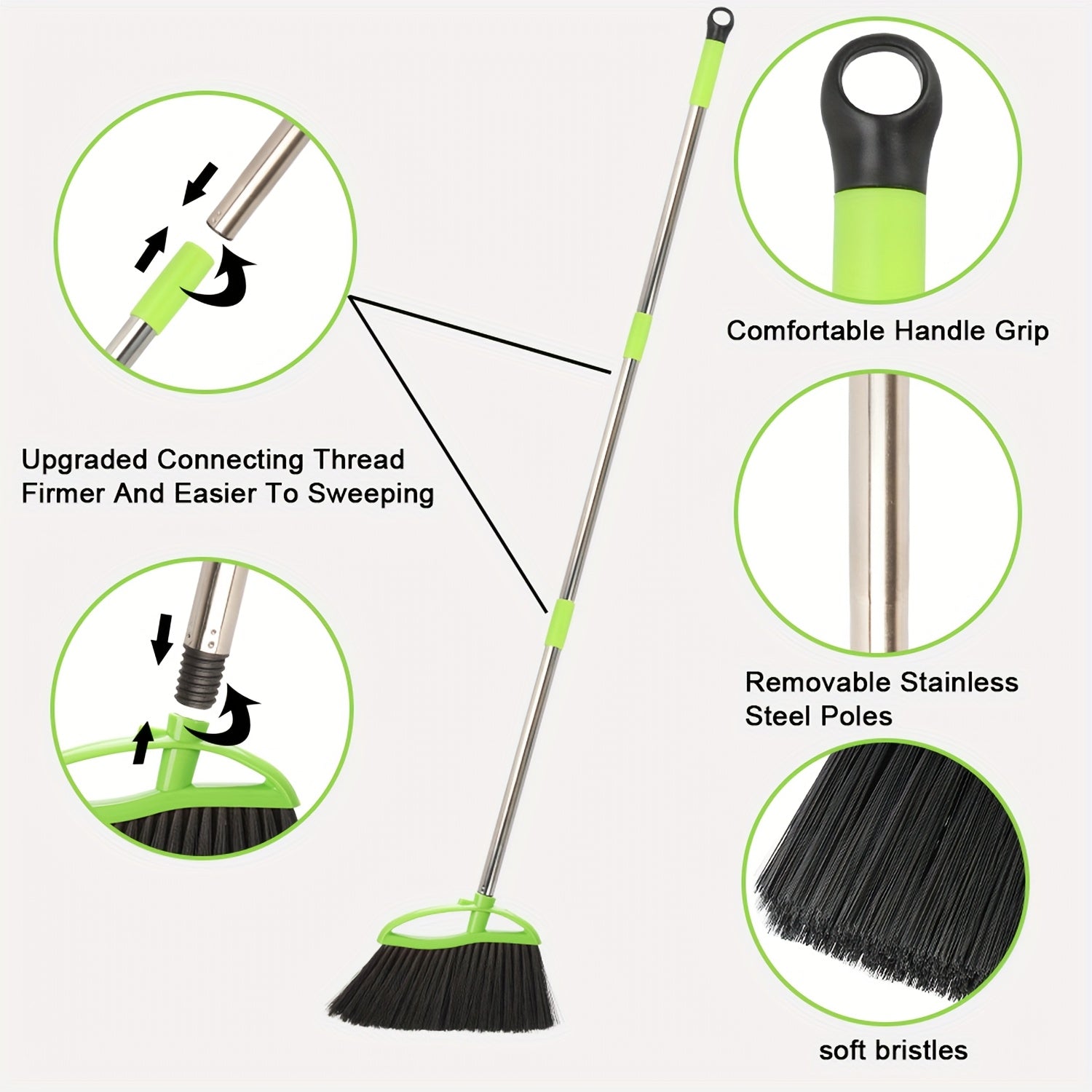 Green Soft-Bristle Angled Broom for Indoor Use with a Long Handle