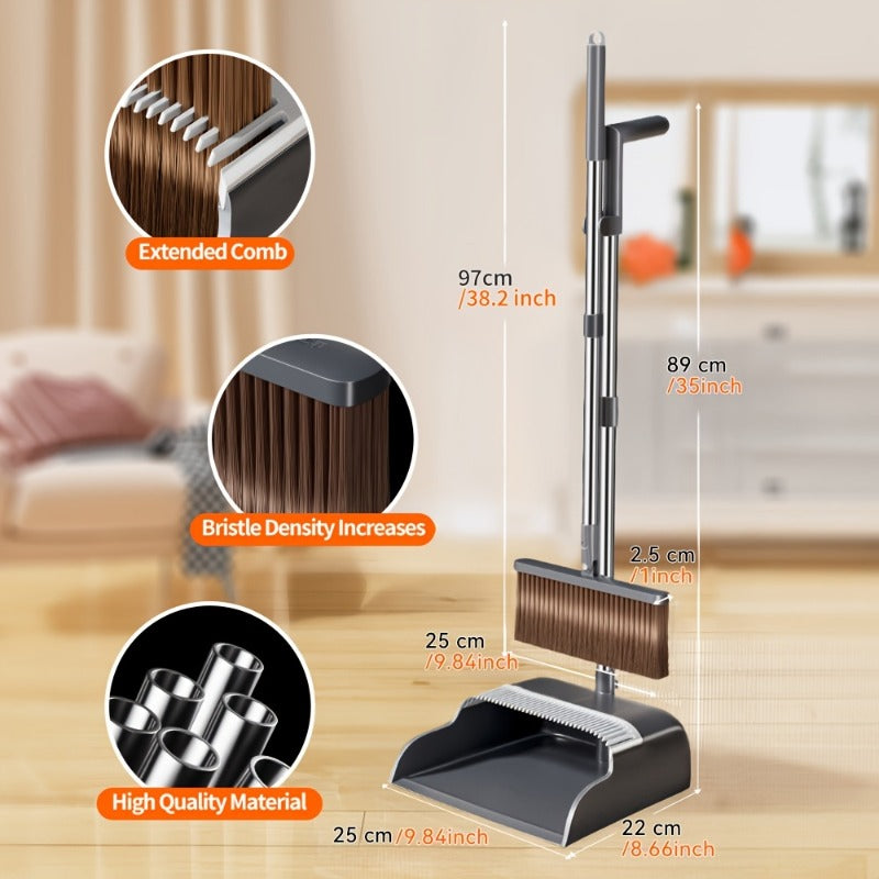 Standing Broom and Dustpan Set - Lightweight Durable Long Handle Cleaning Combo, Efficient Floor Cleaning Tools for Home Kitchen Office, Household Cleaning Supplies