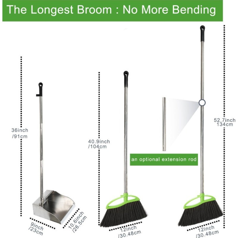 Set of Broom And Dustpan with Soft Bristles, Featuring a Metal Dustpan And a Green Angled Broom, Designed for Easy Sweeping of Hardwood Kitchen Floors