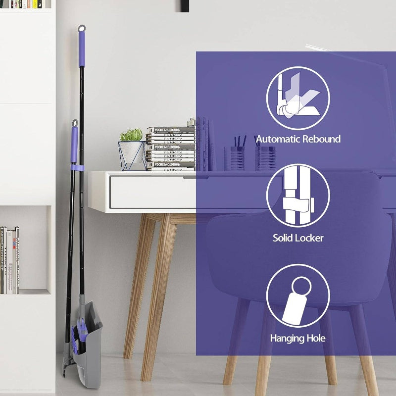 Collapsible Broom with Dustpan Combo, 54 Inch Long Handle Soft Bristle 180 Degree Swivel Brush Indoor Outdoor Kitchen Lobby Dorm Room Classroom, Small Vertical Dustpan with Combing Teeth