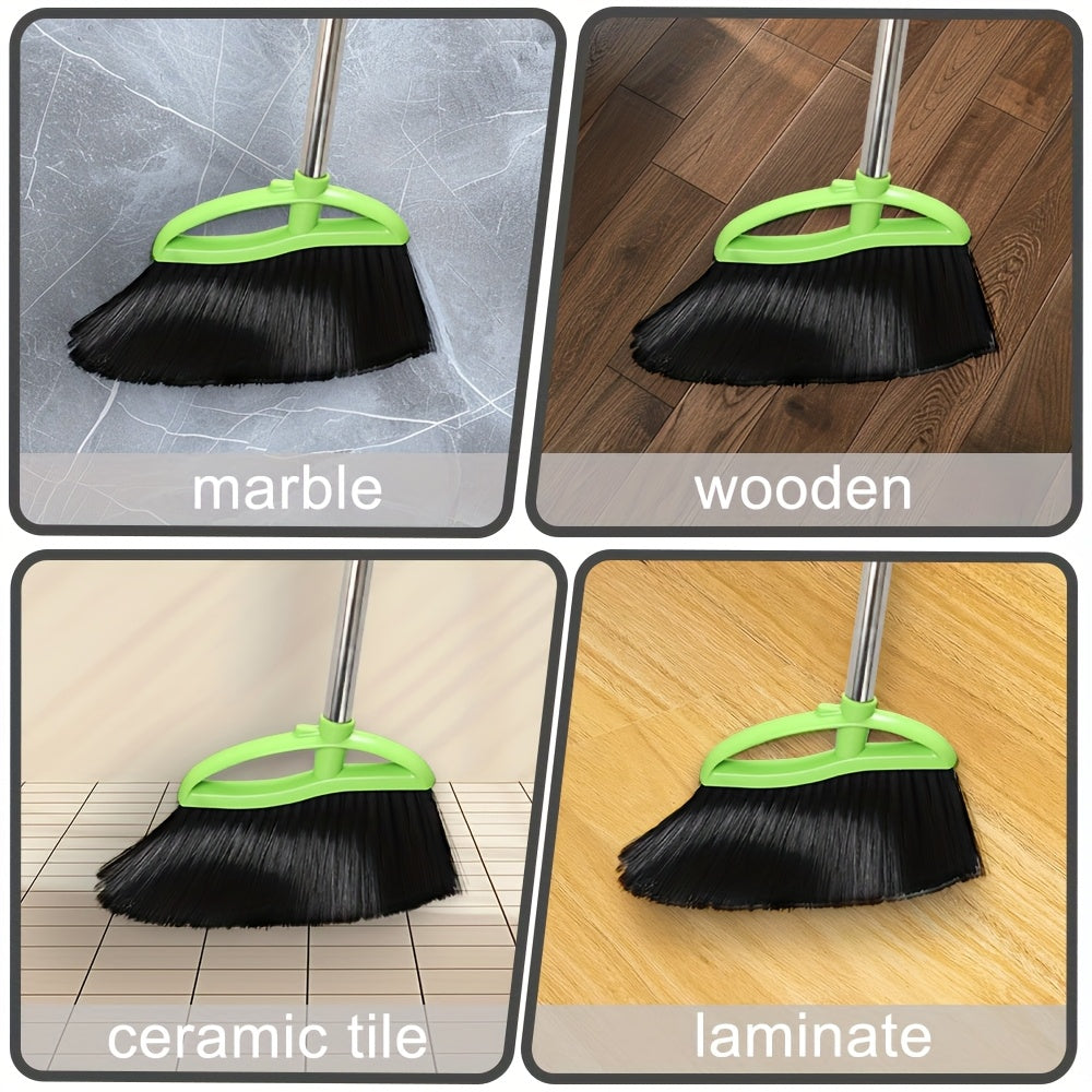 Green Soft-Bristle Angled Broom for Indoor Use with a Long Handle