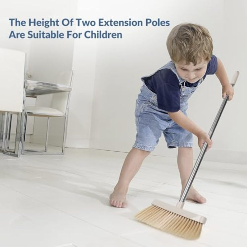 Adjustable Height Broom and Dustpan Combo with Long Handle - Heavy-Duty Plastic Construction, Ergonomic Sweeper with Soft-Grip Bristles & Spacious Pan for Home, Office, Kitchen Cleaning - Space-Saving Design, Durable & Hygienic Indoor Broom Set (Whi