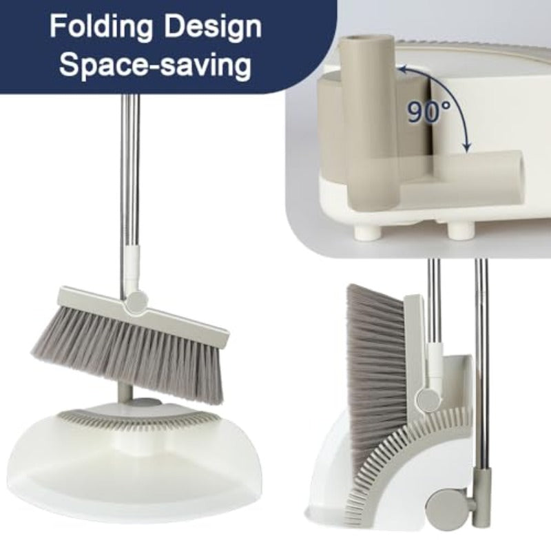 Premium Triangular Indoor Broom and Dustpan Comb Set 180° Rotating Soft Bristle Long Handle Upright Sweeping Angled Broom with Self-Cleaning Teeth for Home Kitchen Office Wood Floor White Gray