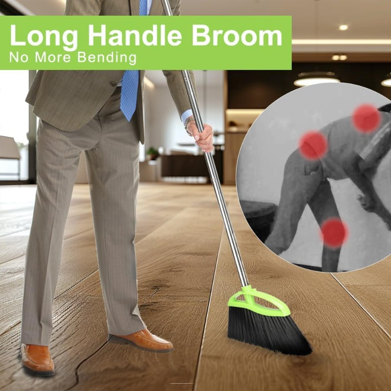 Set of Broom And Dustpan with Soft Bristles, Featuring a Metal Dustpan And a Green Angled Broom, Designed for Easy Sweeping of Hardwood Kitchen Floors