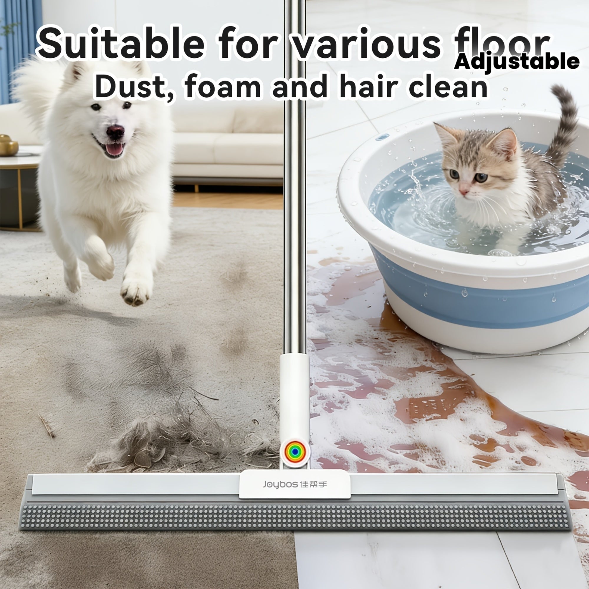 A Multifunctional Magic Broom with an Adjustable Long Handle, This 2-In-1 Cleaning Is Suitable for The Living Room, Bathroom, And Kitchen, Effectively Tackling Water Stains, Dust, Pet Hair, Floors, Tiles, And Glass