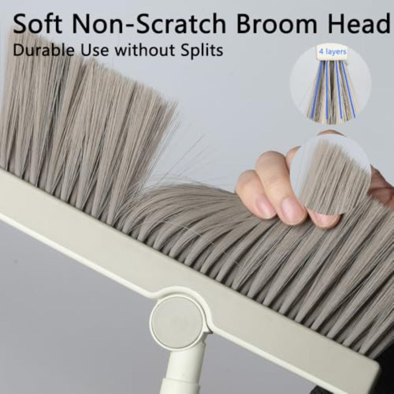 Premium Triangular Indoor Broom and Dustpan Comb Set 180° Rotating Soft Bristle Long Handle Upright Sweeping Angled Broom with Self-Cleaning Teeth for Home Kitchen Office Wood Floor White Gray