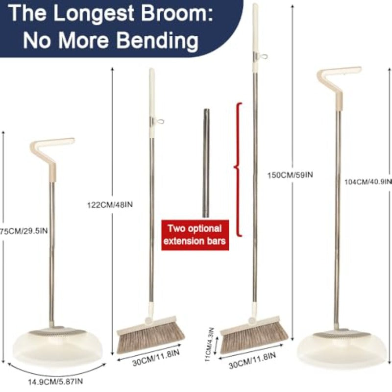 Premium Triangular Indoor Broom and Dustpan Comb Set 180° Rotating Soft Bristle Long Handle Upright Sweeping Angled Broom with Self-Cleaning Teeth for Home Kitchen Office Wood Floor White Gray