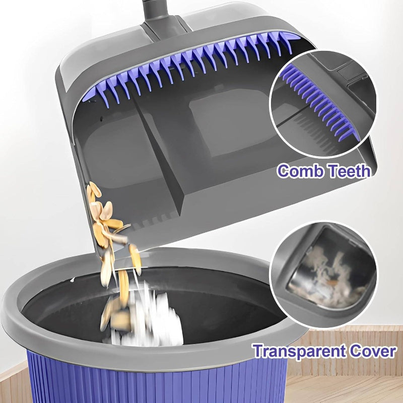 Collapsible Broom with Dustpan Combo, 54 Inch Long Handle Soft Bristle 180 Degree Swivel Brush Indoor Outdoor Kitchen Lobby Dorm Room Classroom, Small Vertical Dustpan with Combing Teeth