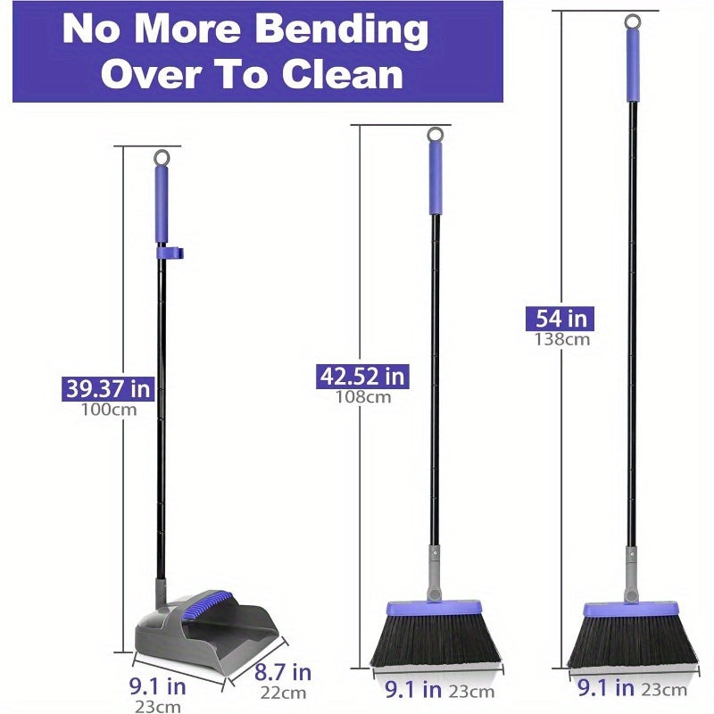 Collapsible Broom with Dustpan Combo, 54 Inch Long Handle Soft Bristle 180 Degree Swivel Brush Indoor Outdoor Kitchen Lobby Dorm Room Classroom, Small Vertical Dustpan with Combing Teeth