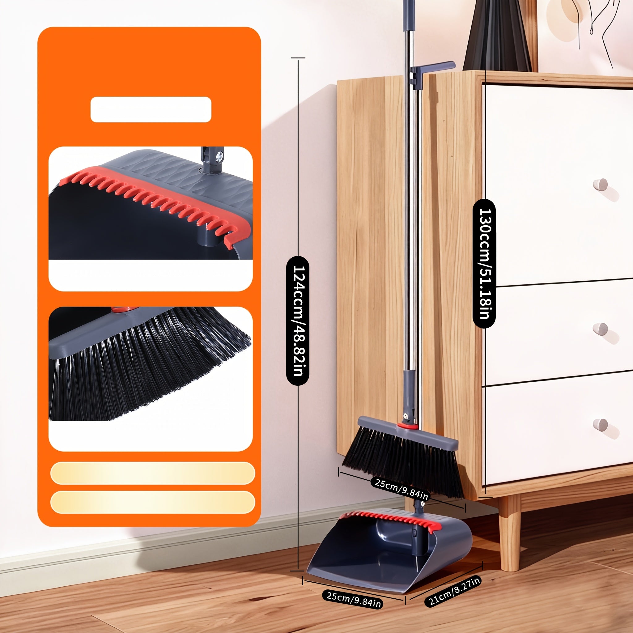 1set, Long Handle Broom And Dustpan Set, Household Broom Cleaning for OfficeHome Kitchen Lobby Floor Use, Upright Standing Dustpan Broom Set,Sweeping Office Kitchen Wood Flooring Pet Hair, Christmas standing dustpan Hair Removal